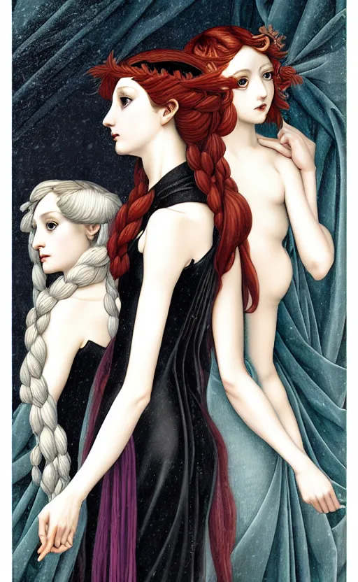 Prompt: 3 muses, (Representing the 3 months of December, January, and February), in a mixed style of Botticelli and Æon Flux, inspired by pre-raphaelite paintings, shoujo manga, and Harajuku street fashion, sparse frozen landscape, dark and moody colors, hyper detailed, super fine inking lines, dramatic lighting, 4K extremely photorealistic, Arnold render