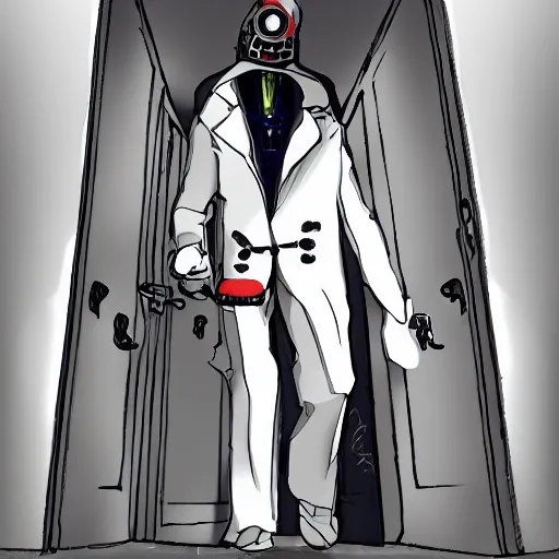 Image similar to an academic wearing a white trench coat with 6 arms sticking out on all sides, looking out of a doorway. four arms have lazer guns, one has a rifle, and one has a broken piece of a door. artstation. dramatic digital art.