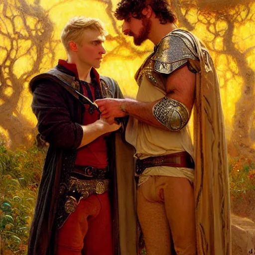 Image similar to attractive, arthur pendragon in love with attractive male, merlin the mage. highly detailed painting by gaston bussiere, craig mullins, j. c. leyendecker