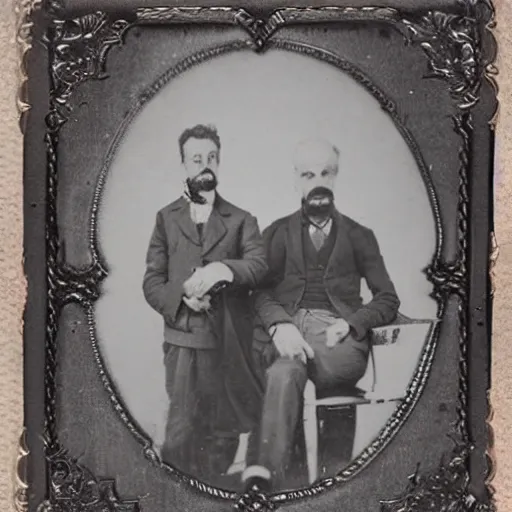 Image similar to tintype photo of rick and morty. 1 8 8 0 s