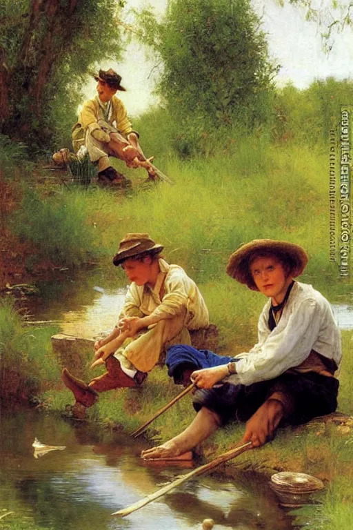 Prompt: huckleberry finn and tom sawyer sit by the river and fish, norman rockwell, victor Nizovtsev, bouguereau