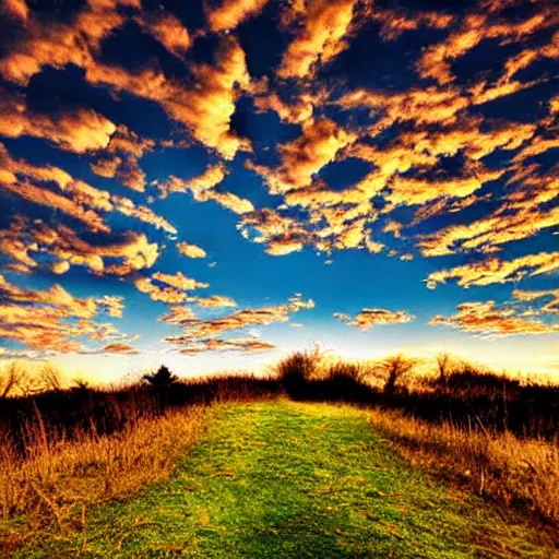 Prompt: beautiful digital art of a trail of altocumulus clouds across the sky, beautiful, award - winning, digital art, blue sky, antview, line trail, point of view