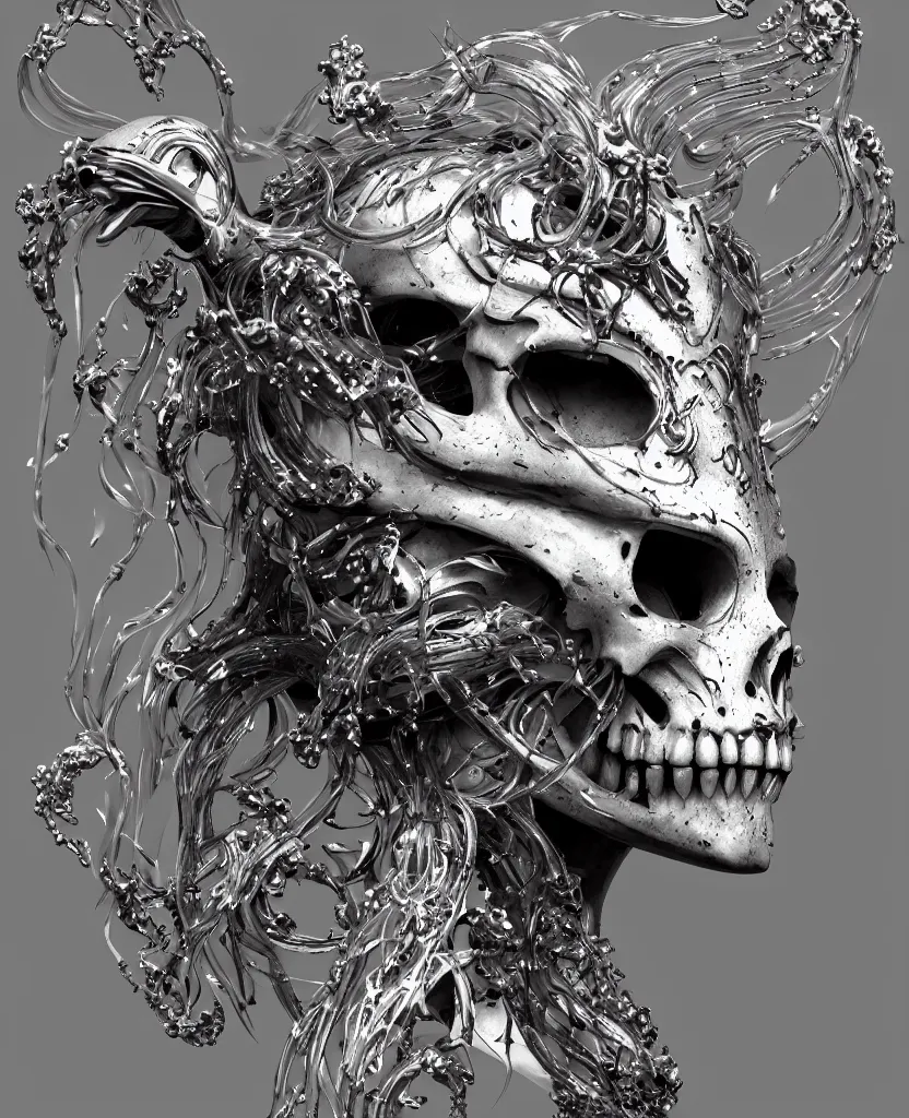 Image similar to close-up macro portrait of the face of a beautiful princess with animal skull mask, epic angle and pose, symmetrical artwork, 3d with depth of field, blurred background, cybernetic jellyfish female face skull phoenix bird, translucent, nautilus, energy flows of water and fire. a highly detailed epic cinematic concept art CG render. made in Maya, Blender and Photoshop, octane render, excellent composition, cinematic dystopian brutalist atmosphere, dynamic dramatic cinematic lighting, aesthetic, very inspirational, arthouse. y Greg Rutkowski, Ilya Kuvshinov, WLOP, Stanley Artgerm Lau, Ruan Jia and Fenghua Zhong