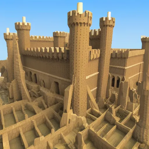 Prompt: a computer generated image of a medieval castle, an ambient occlusion render by Nicomachus of Thebes, polycount, mingei, prerendered graphics, voxel art, ambient occlusion