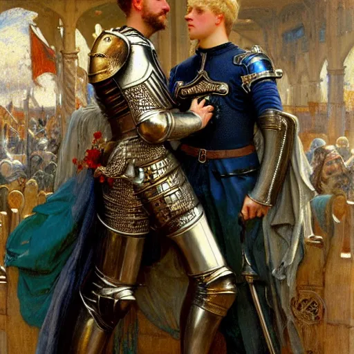 Image similar to attractive fully clothed arthur pendragon confesses his love for his attractive fully clothed male knight. highly detailed painting by gaston bussiere and j. c. leyendecker 8 k