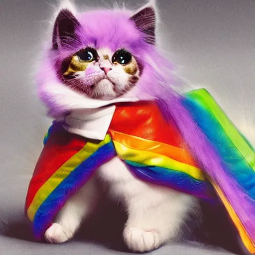 Image similar to wide angle full body, jacket wearing fluffy cute rainbow kitten wearing a black leather motorcycle jacket, cinematic concept art