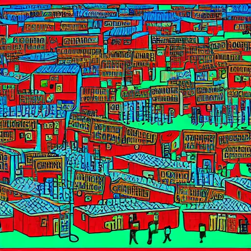 Image similar to a chinese prison, in the style of daniel johnston and outsider art, 8 k, line brush, minimal, brightly coloured, flat blocks of color, overlaid with chinese adverts