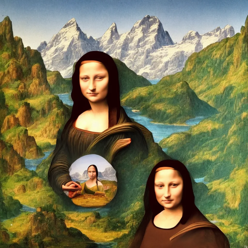 Image similar to A girl that looks like the mona lisa with beautiful switzerland landscape in the background