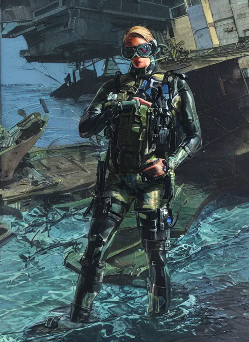 Prompt: Maryanne. USN blackops operator emerging from water at the shoreline. Operator wearing Futuristic cyberpunk tactical wetsuit and looking at an abandoned shipyard. Frogtrooper. rb6s, MGS, and splinter cell Concept art by James Gurney, Alphonso Mucha. Vivid color scheme.
