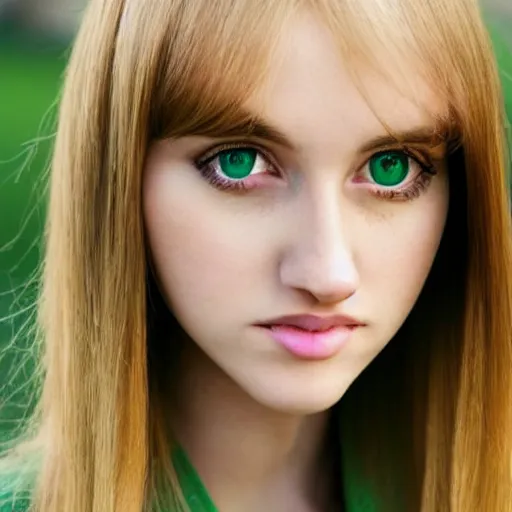 Prompt: brunette with dyed blonde hair, 18 years old, 155 cm tall, long flat hair, blonde, green big eyes, small nose, small mouth, round shaped face, big forehead, lop eared, full body shot, thin eyebrows, real life photograph