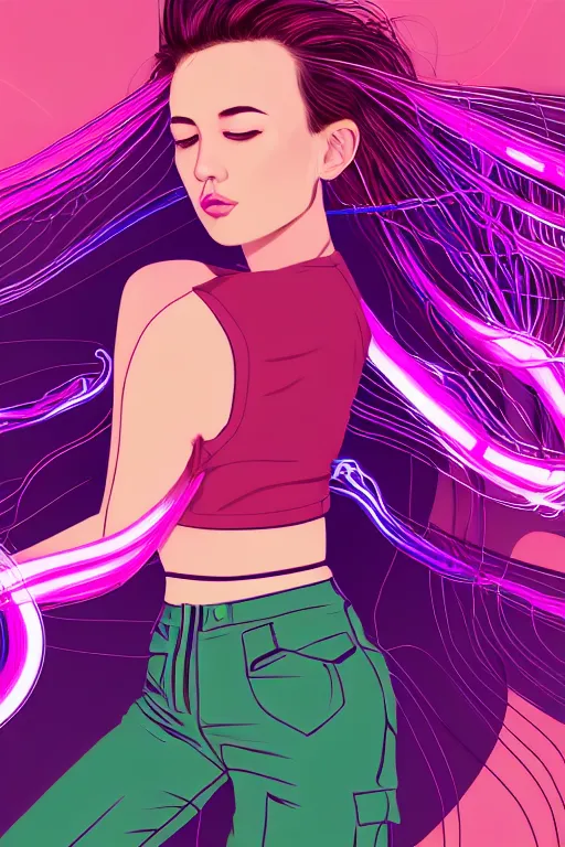 Image similar to a award winning half body portrait of a beautiful woman in a croptop and cargo pants with ombre purple pink teal hairstyle with head in motion and hair flying, surrounded by whirling illuminated lines, outrun, vaporware, shaded flat illustration, digital art, trending on artstation, highly detailed, fine detail, intricate