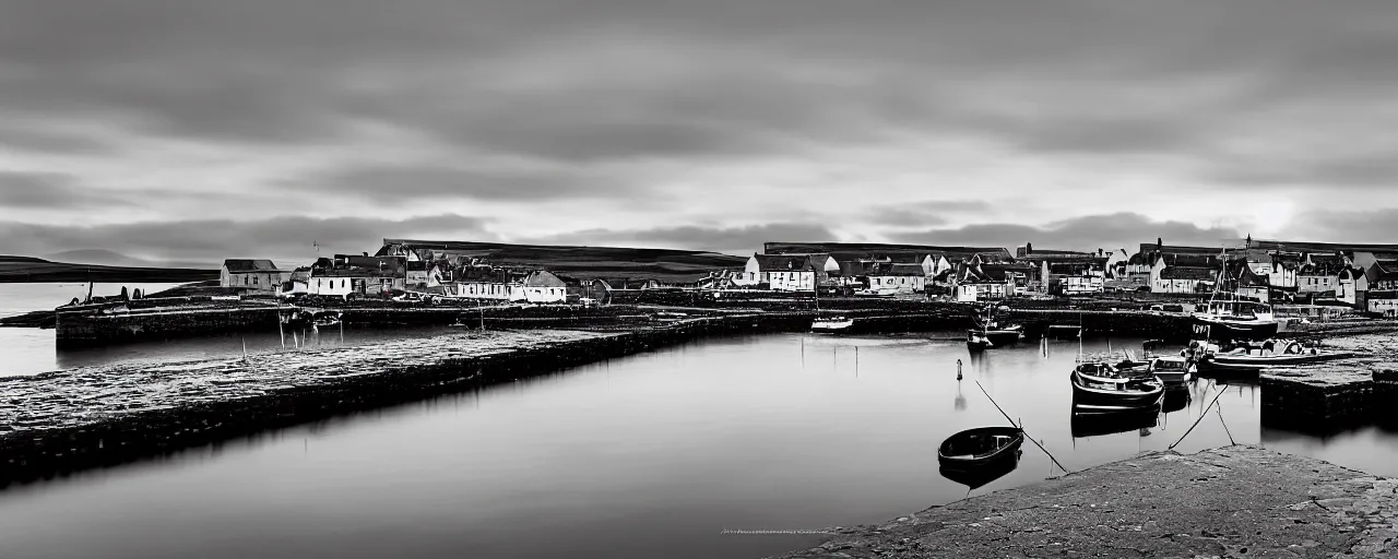 Prompt: a landscape photograph of the harbour at Stromness orkney, by ansel adams, wide angle, sunset