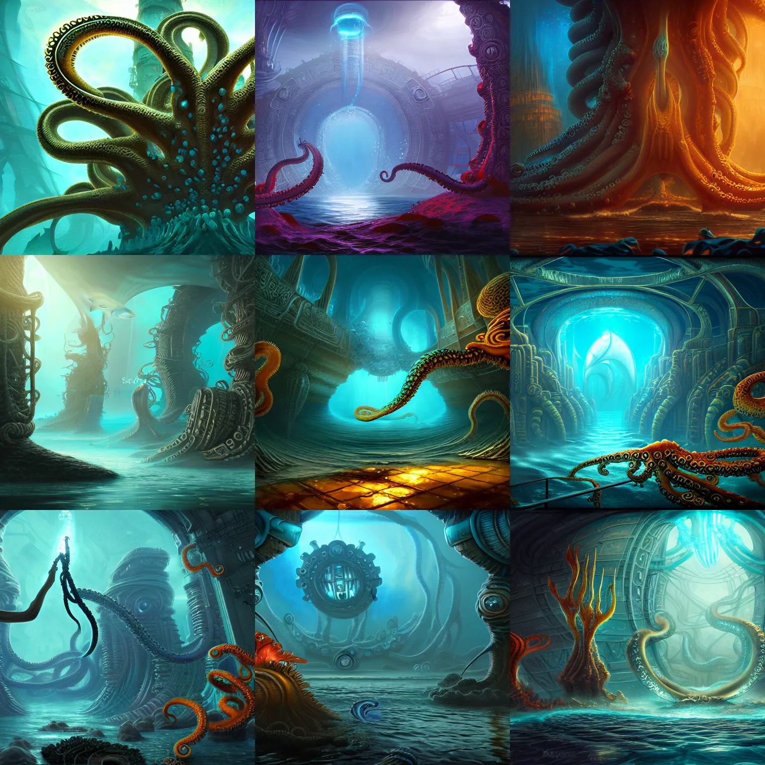 Image similar to beautiful digital fantasy illustration of an underwater city surrounded by tentacles, the forge of worlds, concept art by xul solar, two hands reaching for a fish, fractalism, high detail texture, unreal engine, 8 k, photographic quality, ultra hyper realistic quality, 8 k definiton, hyper - realistic, cinematic, cinematic lighting