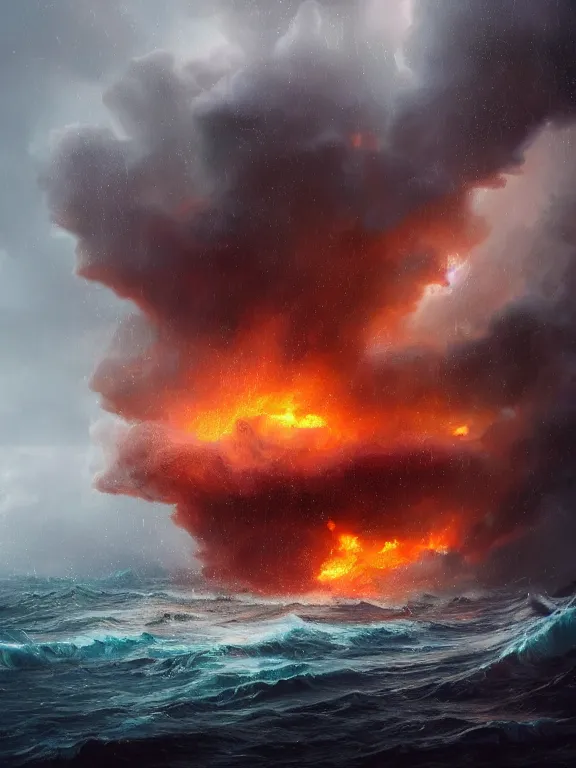 Image similar to photo of 8k ultra realistic burning oil rig at sea, heavy storm, rain, large waves, full of colour, cinematic lighting, battered, trending on artstation, 4k, hyperrealistic, focused, extreme details,unreal engine 5, cinematic, masterpiece, art by Peter Mohrbacher