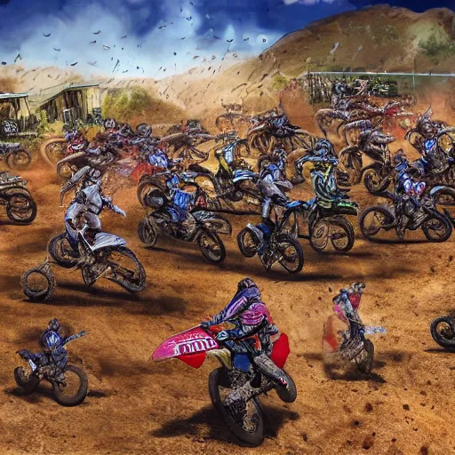 Image similar to erzberg rodeo off road motorcycle race in a 7 circles of hell by dante, game art, super detailed, 5 riders on a picture are going uphill