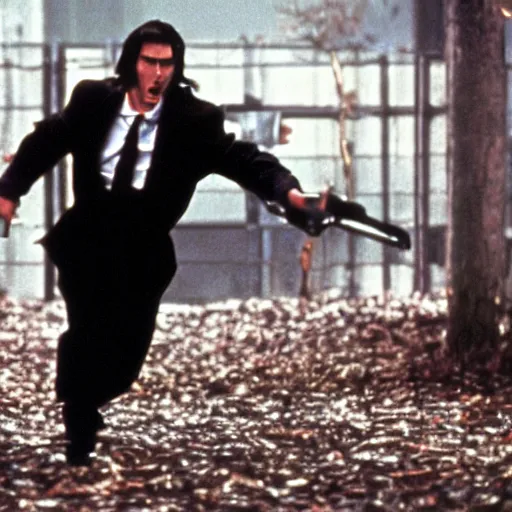 Image similar to film still of christian bale running with a chainsaw in american psycho ( 1 9 9 9 )