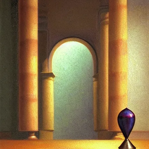 Image similar to still life painting of a room with a marbled pedestal displaying an ancient holy artifact centered in frame and shaped like a torus, chromed and ornate with gentle iridescent shine from within. perspective from the side and centered. realistic light and shadows. moody fantasy magical, still life renaissance pastel painting. focused