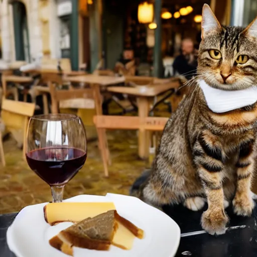 Prompt: Brown tabby cat eating cheese and wine in a Parisian cafe