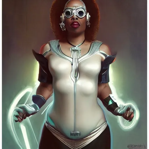 Prompt: cyberpunk fat oprah winfrey head domme mistress, full body, dominatrix, tribal, smooth white tight clothes suit, ornate, very beautiful, concept art, realistic painting, androgynous, afrofuturism, daz 3 d, cinematic, cgsociety, digital art by greg rutkowski, by alphonse mucha,