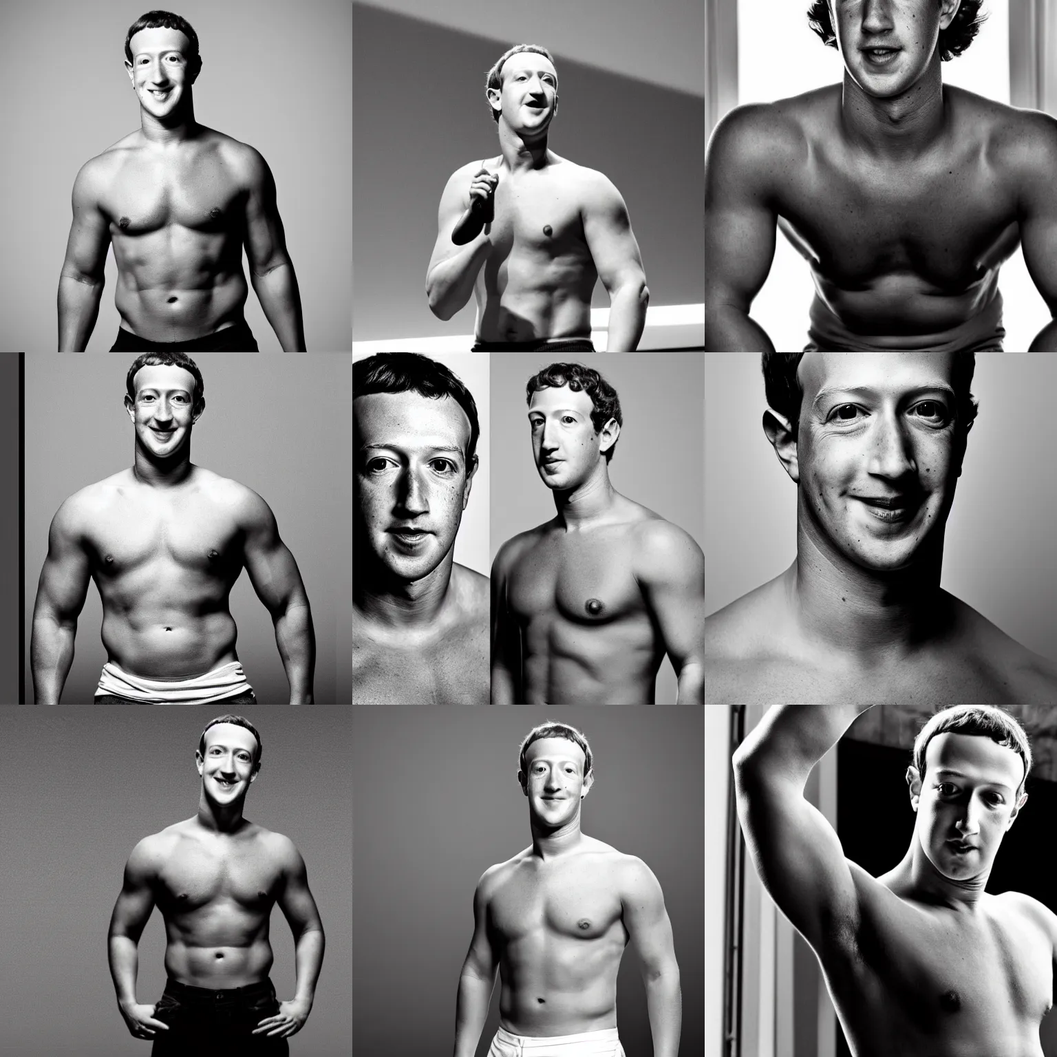 Prompt: mark zuckerberg, extremely muscular, black and white photograph