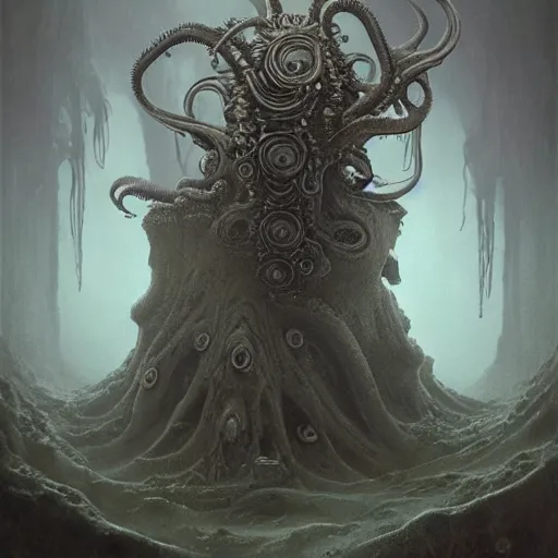 Prompt: curiosities from cthulhu, soft paint of a single curvy beautiful necromancer of madness and insanity in full mage armor, symmetry accurate features, eyeballs, vegetation tentacles, dense volumetric fog, focus, very intricate ultrafine details, gloomy colors, award winning masterpiece, tom bagshaw artstyle