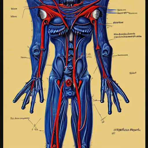 Prompt: anatomically correct diagram of 3 legged alien, h. r. giger, red and blue, 8 feet fall