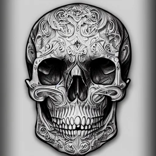 Image similar to human skull ornated, filigree, ornaments, 3 d design for tattoo, hypermaximalist, elegant, ornate, luxury, elite, symmetrical