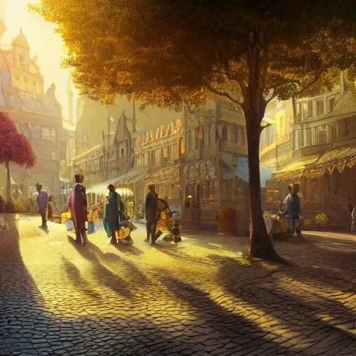 Prompt: fantasy town, a sunny day, ray of sunlight, volumetric, depth of field, hypersharp, by moebius, elegant, digital painting, cinematic lighting, vibrant, intricate, highly detailed, artstation, sharp focus, hdr, unreal engine 5, breathtaking, illustration, anna dittmann, ilya kuvshinov, nikolay makovsky, street level view