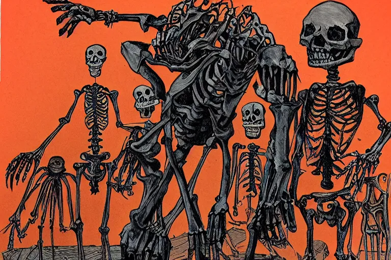 Image similar to decaying skeleton lurking after a woman in a orange dress, in the style of feldstein, johnny craig, wally wood, and jack davis