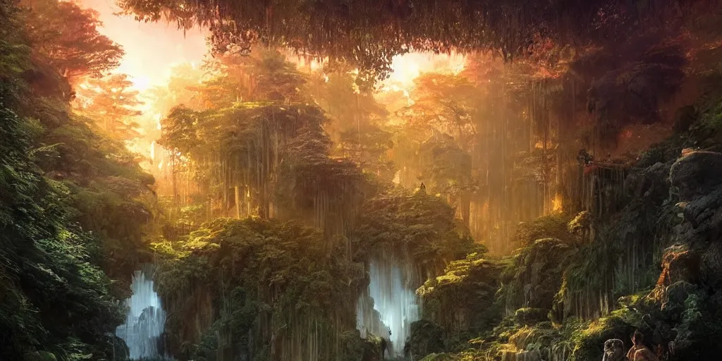 Image similar to a forest waterfall and cave at sunset, fantasy, magical lighting, Greg Rutkowski and Studio Ghibli and Ivan Shishkin