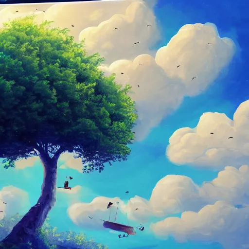 Image similar to a painting of a giant floating castle high up in the sky with a tree - leaf canopy on top. artstation. painting. high - quality. extremely detailed clouds and foliage