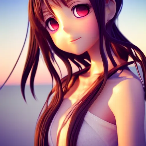 Image similar to Render of a very beautiful 3d anime girl, long hair, hazel eyes, cute freckles, full round face, short smile, cute sundress, golden hour, serene beach setting, medium shot, mid-shot, highly detailed, trending on Artstation, Unreal Engine 4k