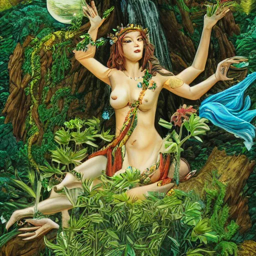 Image similar to earth goddess surveys her domain, plants erupting from the ground, high detail