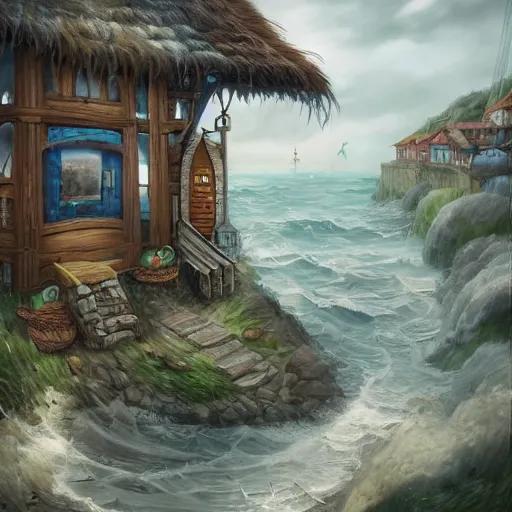 Image similar to a seaside village, detailed, fantasy style, stormy day, trending on artstation