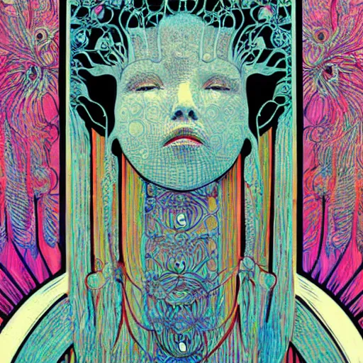 Prompt: a girl with huge shiny silver eyes, colored woodcut, poster art, by Mackintosh, art noveau, by Ernst Haeckel, bright pastel colors, 8k,