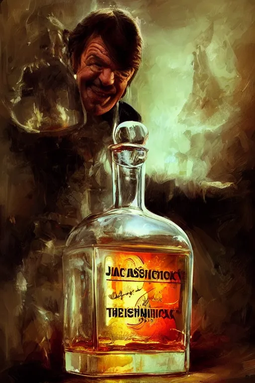 Prompt: a ship in a bottle but instead of a ship it is jack nicholson in the bottle, a young jack nicholson, fancy whiskey bottle, masterpiece painting by artgerm, ruan jia, jakub rebelka, tom bagshaw