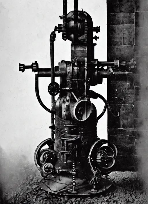 Prompt: 1 8 8 5 photo of a steampowered riveted turret from portal 2, gatling gun, daguerrotype, high quality