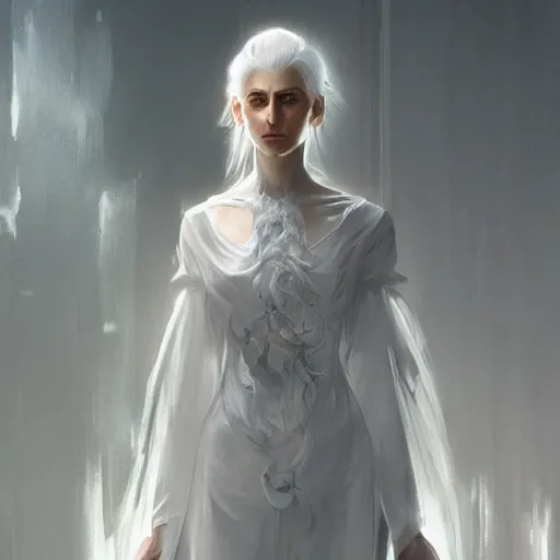 Prompt: ghostly lady, white hair, white clothes, full body, highly detailed, digital painting, concept art, artstation, sharp focus, by artgerm and greg rutkowski and alphonse mucha