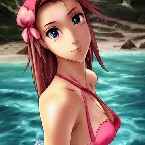 Image similar to beautiful aerith from final fantasy in a bikini on the beach making eye contact drawn by sakimichan