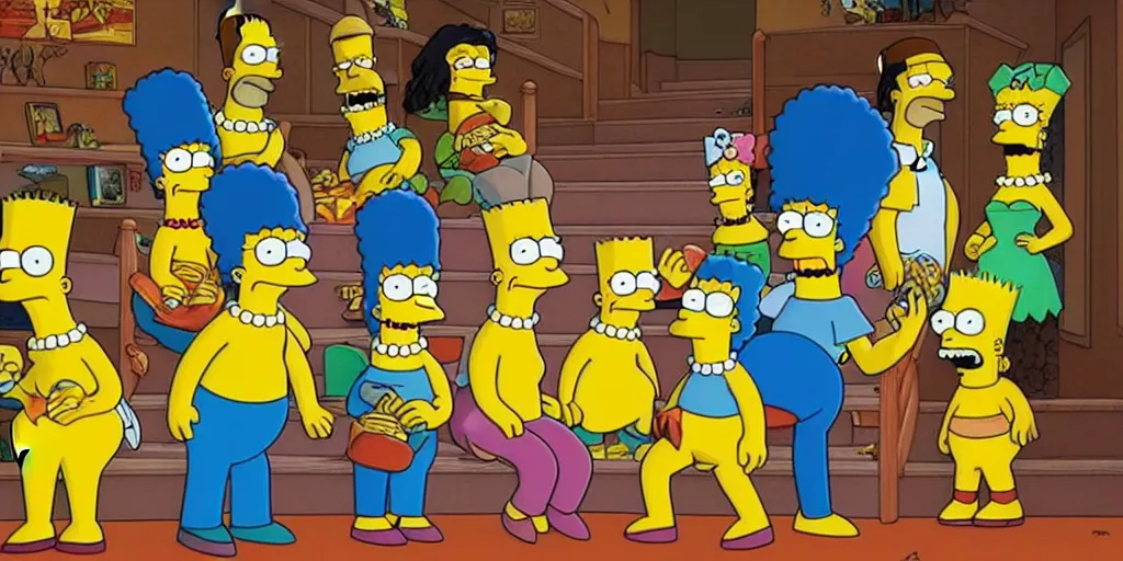 Image similar to the simpsons as bananas, coming down the stairs, eating bananas, stretched, banana skin