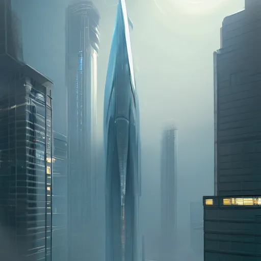 Prompt: early morning, glass spaceship, tall structures, fog, unreal engine, artstation, Syd Mead