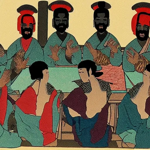 Prompt: Kanye at the last supper, Japanese woodblock art style