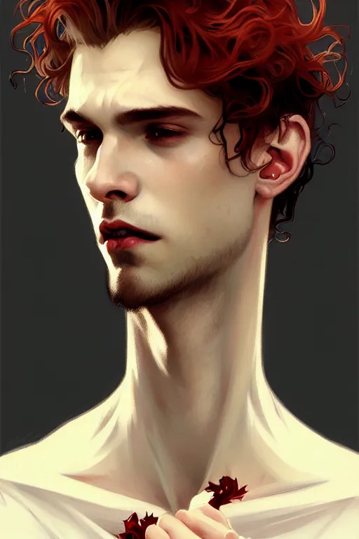 Prompt: portrait of a beautiful young fit male vampire with curly blond hairs and pale skin, dressed with urban clothes, by greg rutkowski and alphonse mucha, d & d character, gradient white to red, modern nocturnal background, highly detailed portrait, digital painting, artstation, concept art, smooth, sharp focus ilustration, artstation hq