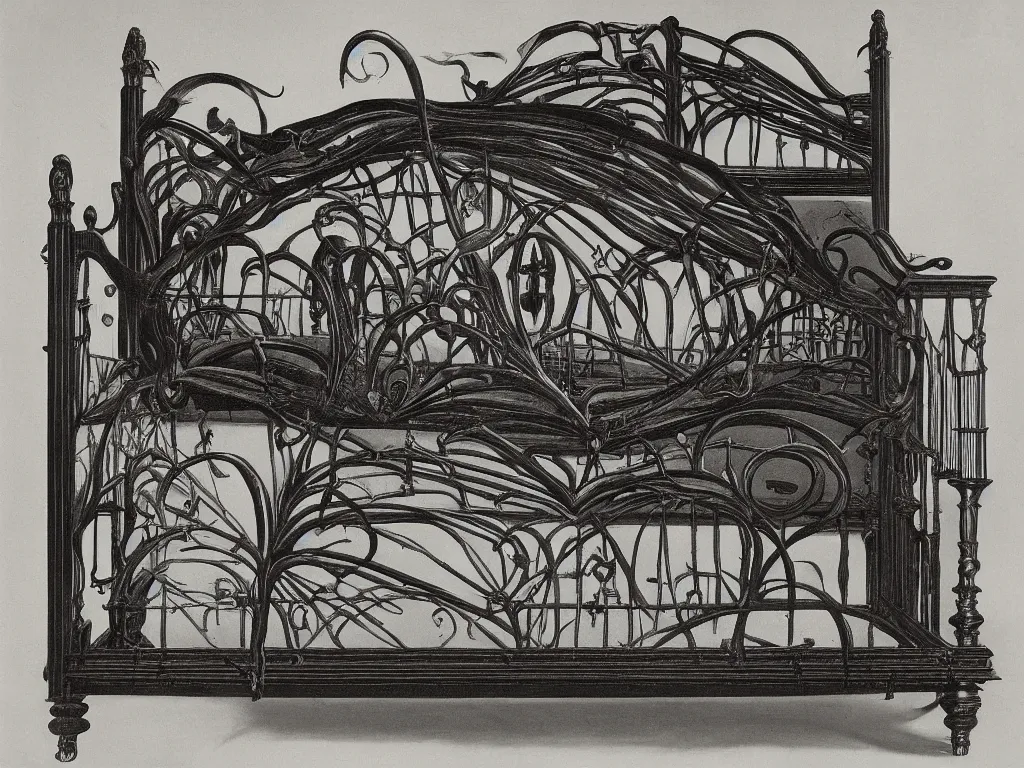 Image similar to gothic baldachin bed with home of the wasp. karl blossfeldt, salvador dali