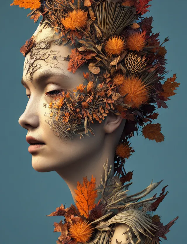 Prompt: 3 d goddess close - up profile portrait wearing a beautiful intricately detailed autumn mask, fall leaves, thistles, phoenix, dried plants, foxes, wind, creature, artwork by tooth wu and wlop and beeple and greg rutkowski
