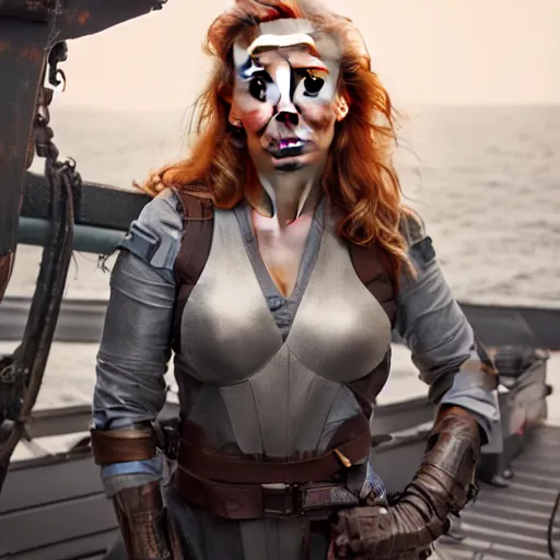 Prompt: a heroic portrait of young smiling redhead Kate Winslet mechanic with one prosthetic metallic gauntlet standing on a ship deck by Greg Rutkowski, ultra realistic, by Sung Choi, photorealistic 8k, cinematic lighting, HD, high detail, atmospheric, trending on artstation, high detailed face