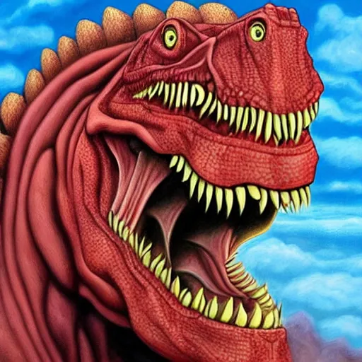 Image similar to a highly detailed painting of the fearsome human dinosaur hybrid the DonaldTrump-asaurus Rex