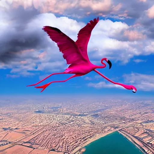 Image similar to toni wearing a flamingo fashion, photoshop, colossal, creative, giant, digital art, city, photo manipulation, clouds, sky view from the airplane window