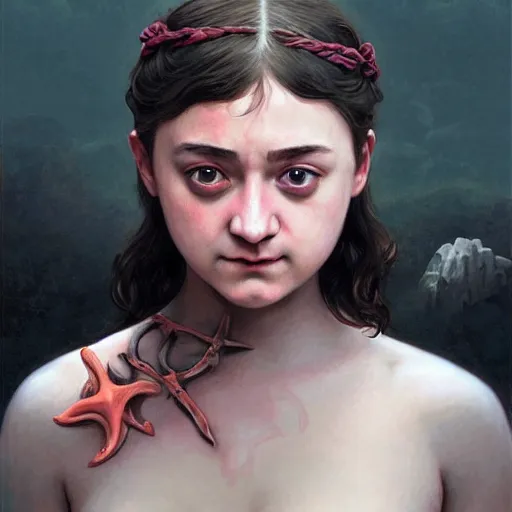 Image similar to arya stark as venus in birth of venus,D&D Monster Manual, digital painting, highly detailed, fantasy, artstation, concept art, smooth, sharp focus, maximalist illustration, trending on artstation, award winning,art by William-Adolphe Bouguereau and artgerm and greg rutkowski and Ruan Jia and Mandy Jurgens