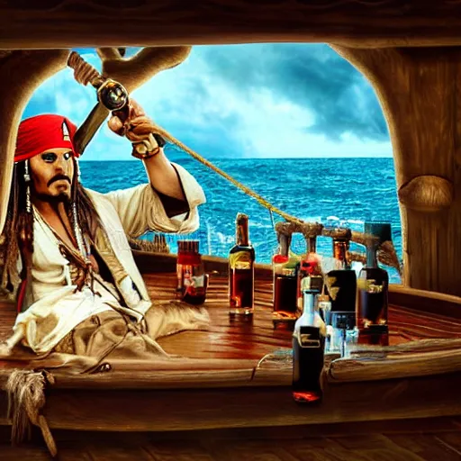 Image similar to jack sparrow drinks rum from bottle at the deck of pirate ship, focus, 3 d illustration, sharp, intricate, poster,, photo, detailed photo, scene from pirates of caribbean